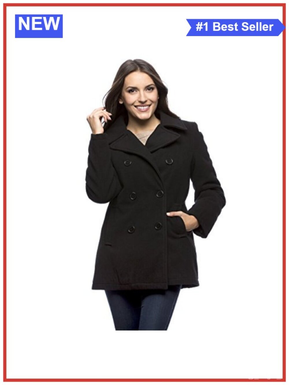 Classic Double Breasted Pea Coat Machine Washable Long Sleeve